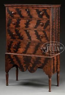 Appraisal: COUNTRY QUEEN ANNE FEATHER DECORATED CHEST ON FRAME Second half