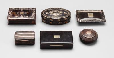 Appraisal: Six snuff boxes four tortoise one wood one oval tortoise