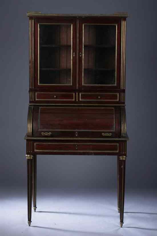 Appraisal: FRENCH STYLE BRASS-INLAID MAHOGANY SECRETAIRE BOOKCASE th century In two