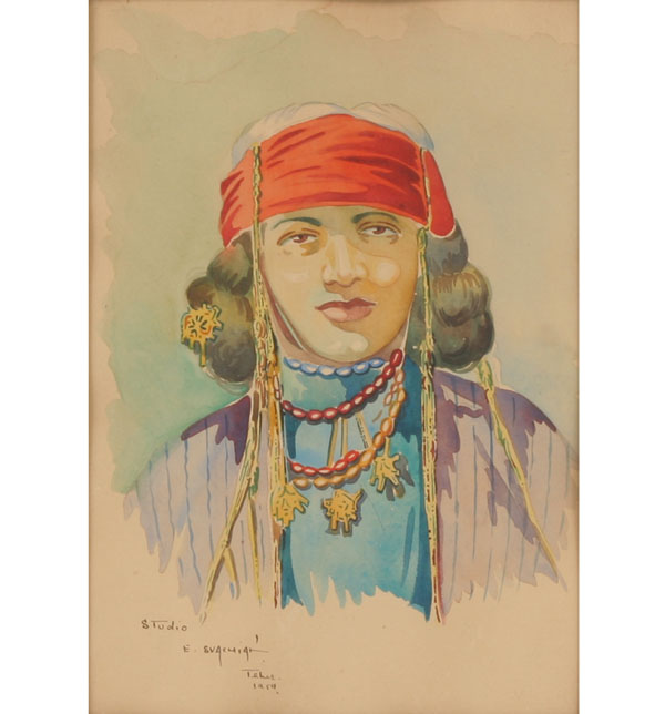 Appraisal: Two watercolors subjects in vivid costume East Indian man in