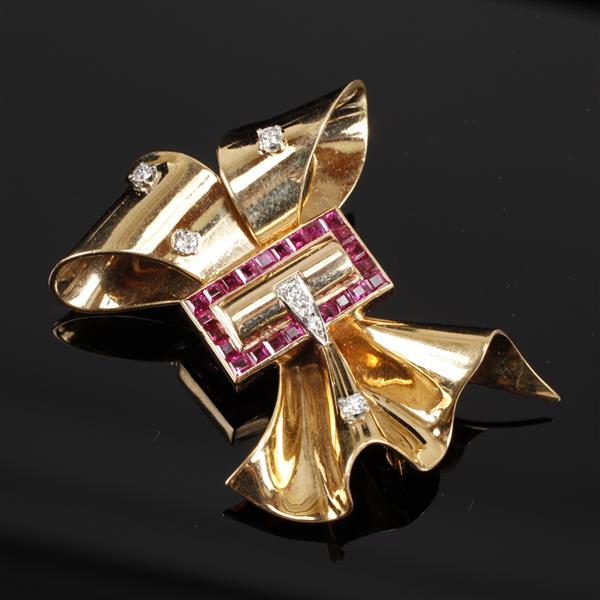 Appraisal: Retro Vintage Yellow Gold Burmese Ruby and Diamond K Bow