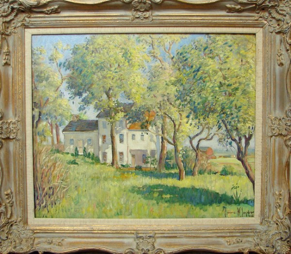 Appraisal: Country landscape with house oil on canvas x SLR patch