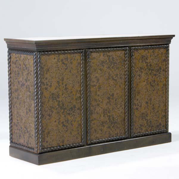 Appraisal: SPANISH Three-door cabinet with inset travertine top and interior shelves