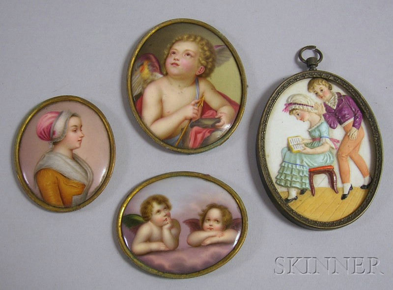 Appraisal: Three Miniature Hand-painted Portraits on Porcelain and a Kate Greenaway-type