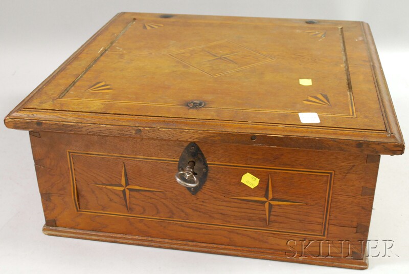 Appraisal: Inlaid Oak Lift-Top Box with Wrought Iron Hardware the interior