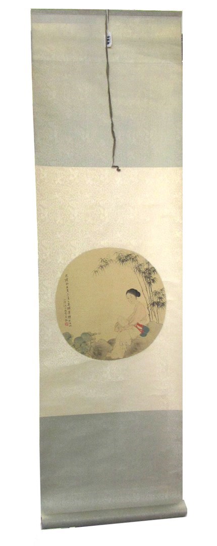 Appraisal: A Chinese fan painting of a young woman seated by