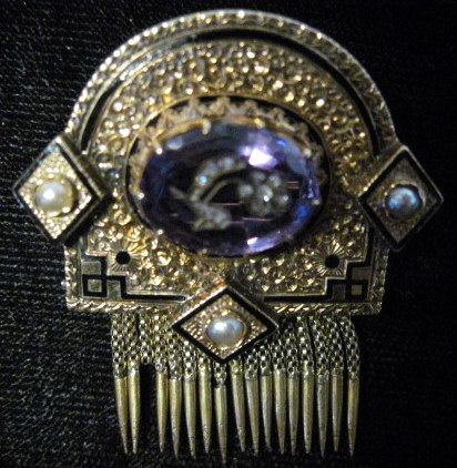 Appraisal: Yellow gold amethyst diamond and pearl mourning broochArch form featuring