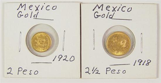 Appraisal: Two Mexican Gold Coins Two Mexican Gold Coins Two Peso