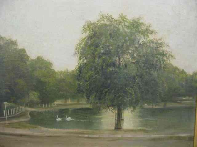 Appraisal: J Lewis Oil Swans on a Lake on canvas image