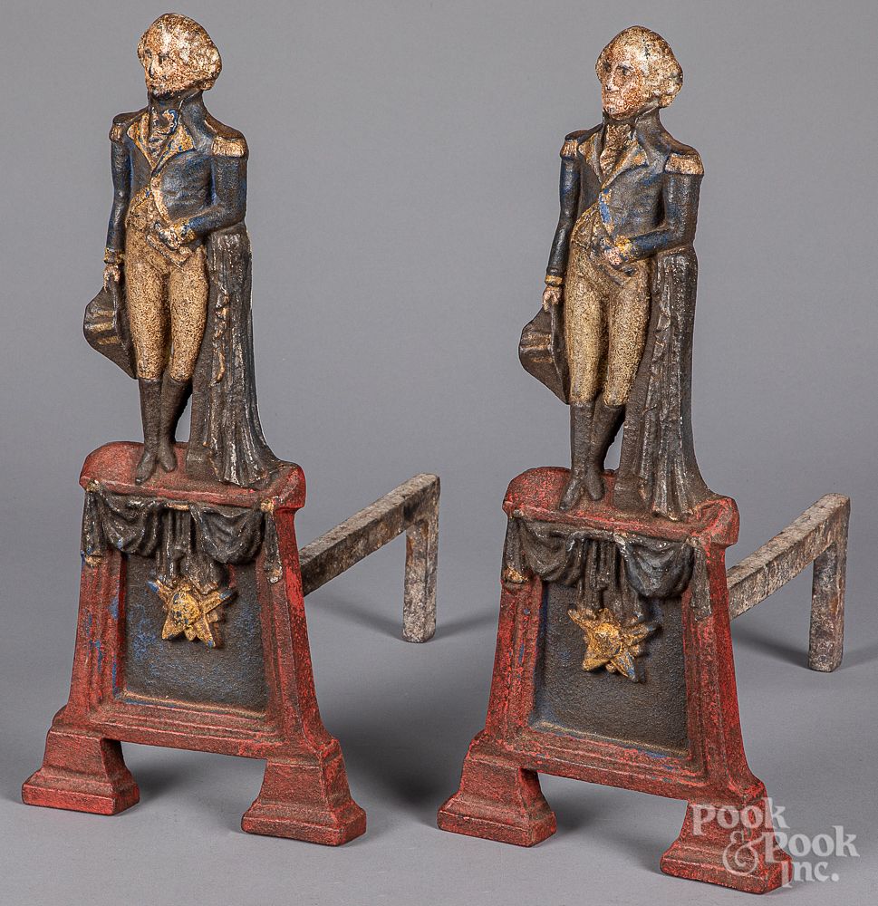 Appraisal: Pair of painted cast George Washington andirons Pair of painted