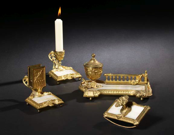 Appraisal: Four-Piece French Gilt-Brass and White Onyx Desk Set first quarter