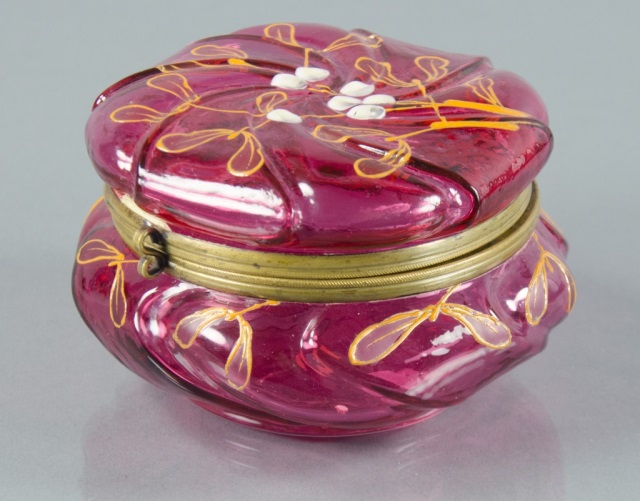 Appraisal: Moser Bohemian Cranberry Powder JarHinged lid Decorated with berries Unsigned