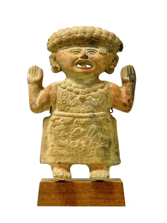 Appraisal: Pre-Columbian clay figure on wooden base figure with upraised arms