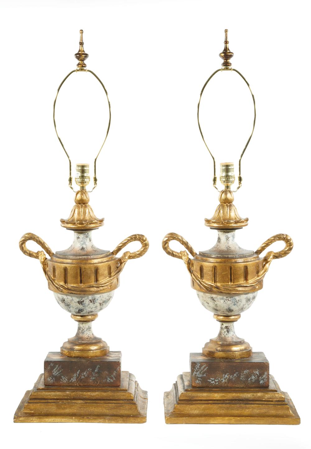 Appraisal: Pair of Italian Urn-Form Giltwood and Faux Marbre Lamps th