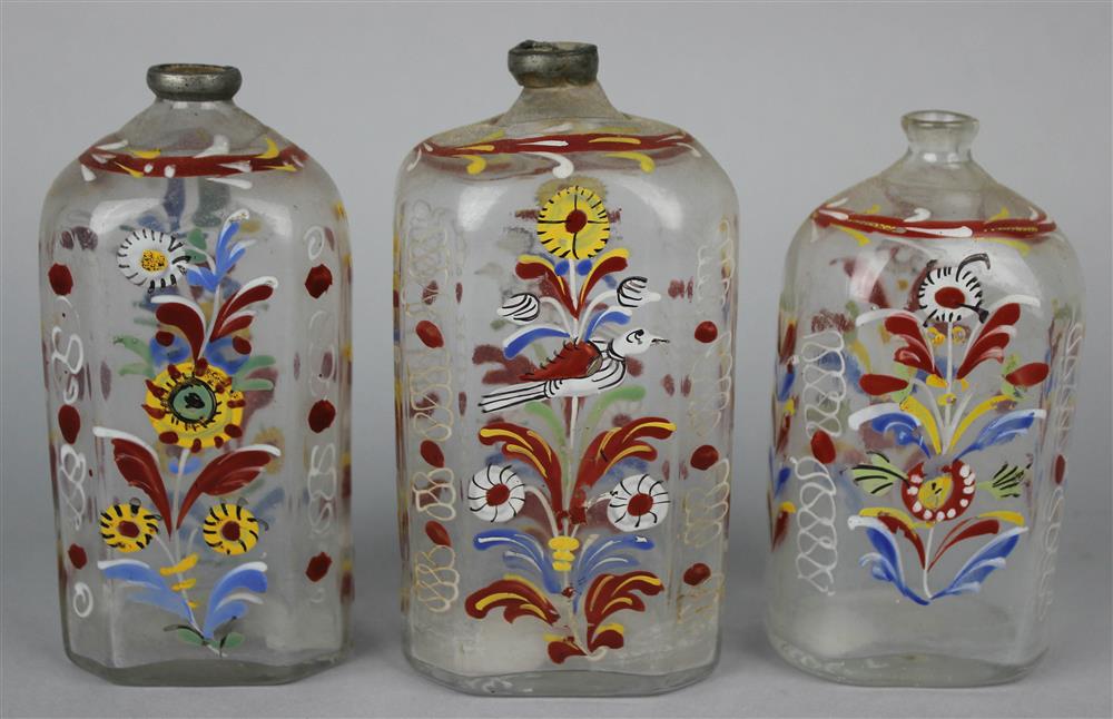 Appraisal: THREE BLOWN GLASS BOTTLES WITH PAINTED DESIGNS blown glass painted