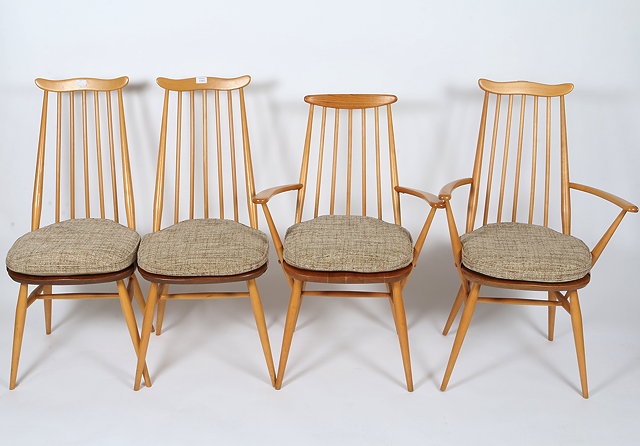 Appraisal: THREE ERCOL LIGHT ELM SPINDLEBACK GOLDSMITHS CHAIRS together with a