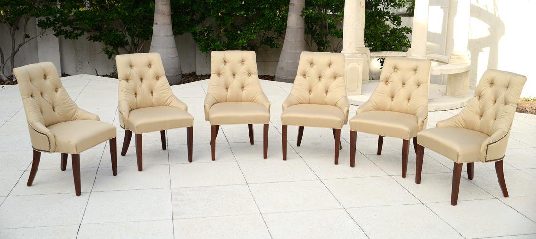 Appraisal: FRENCH SILK SIDE CHAIRS Shaped backs with tufted ivory silk