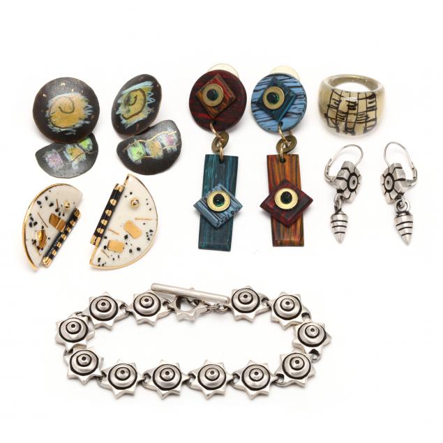 Appraisal: GROUP OF MODERNIST JEWELRY To include a silver bracelet and