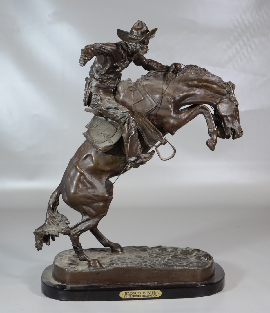 Appraisal: After Frederick Remington Bronco Buster bronze sculpture h overall on