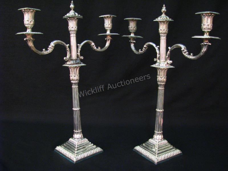 Appraisal: Pair of English Silverplate Candelabra large three light candelabra each