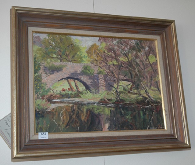 Appraisal: FERGUS O'RYAN Landscape with Stone Bridge Oil on board Signed