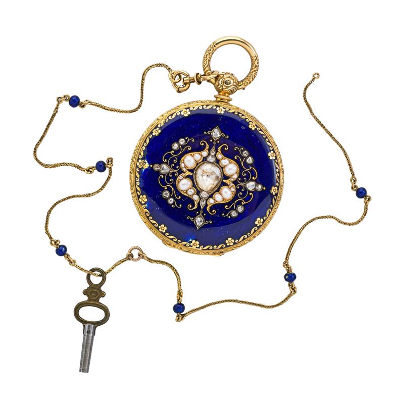 Appraisal: LEQUIN YERSIN GEM-SET ENAMELED GOLD POCKET WATCH Four bodied k