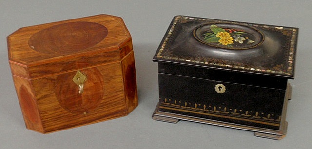 Appraisal: Victorian black papier-m ch and mother-of-pearl storage box h x