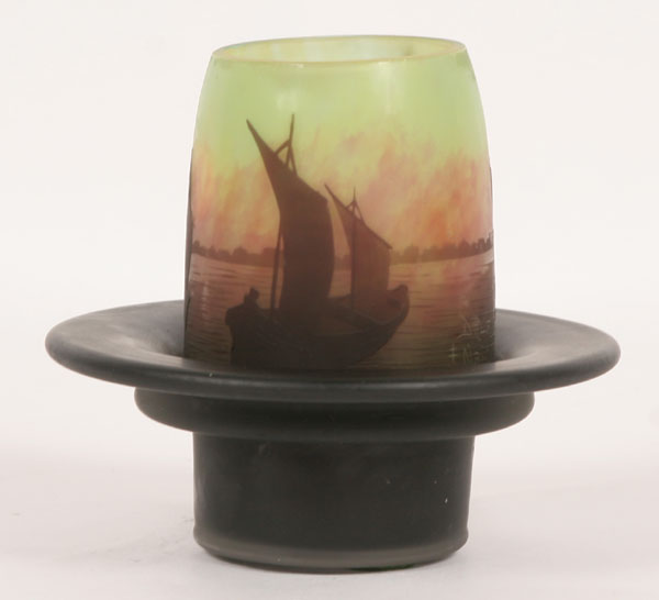 Appraisal: Daum Nancy cameo glass candleholder decorated with five sailing vessels