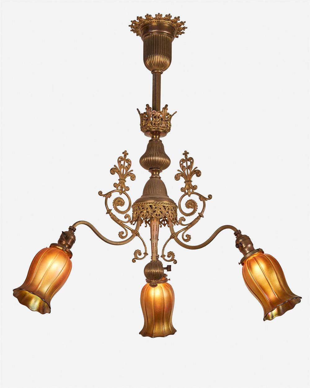 Appraisal: A Victorian-style chandelier with Steuben Aurene glass shades First-quarter th