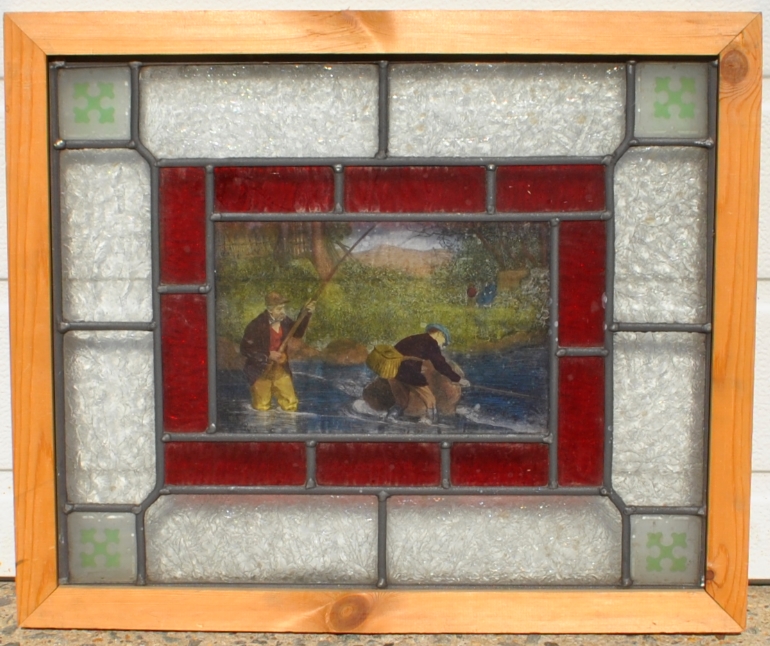 Appraisal: - English leaded glass window with colorful fishing scene signed