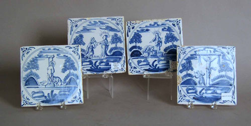 Appraisal: Four Delft blue and white allegorical tiles late th c