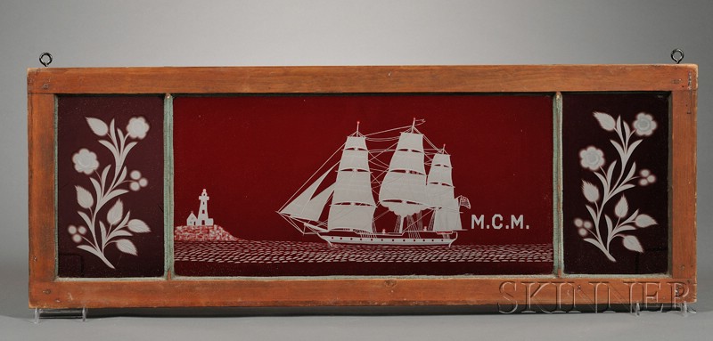 Appraisal: Red Flashed Etched Glass Transom with Ship Motif America late