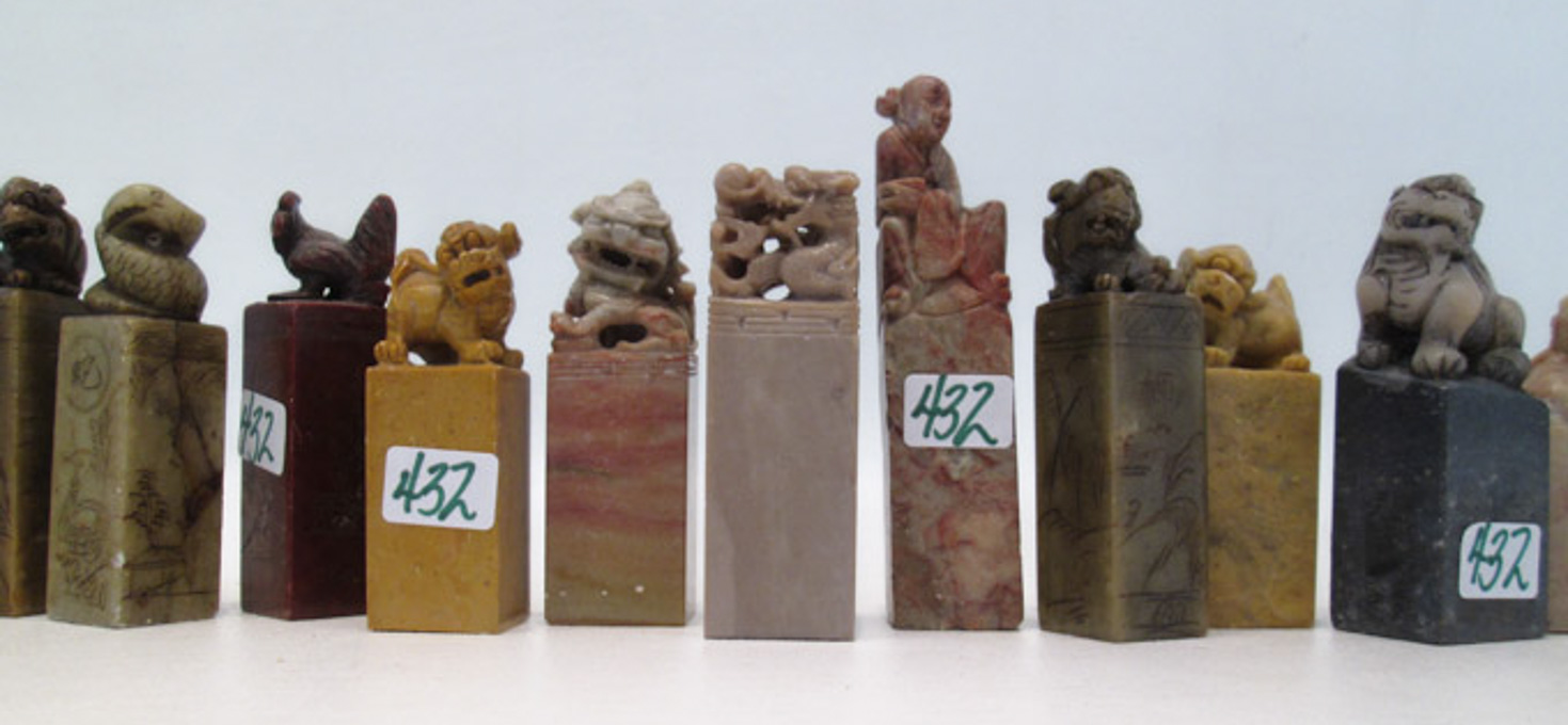 Appraisal: FIFTEEN CHINESE CARVED SOAPSTONE SEAL CHOPS various forms colors and