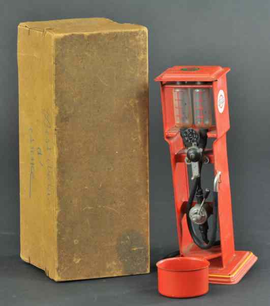 Appraisal: DOLL PETROL PUMP WITH BOX Germany pressed steel pump painted