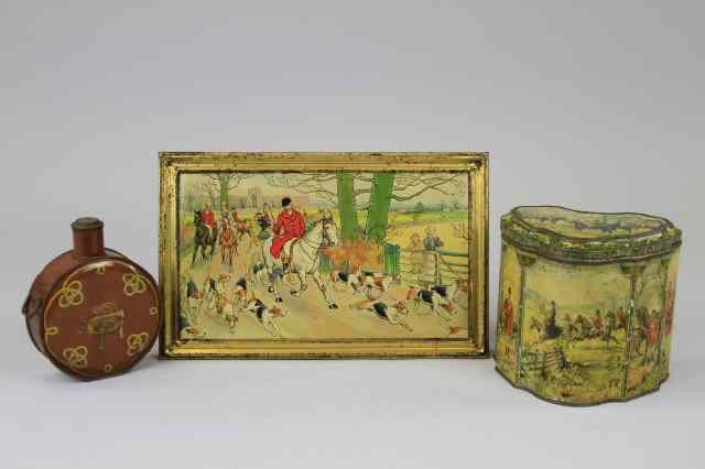 Appraisal: THREE HUNTLEY PALMERS BISCUIT TINS Lithographed Tinplate comprising Huntsman c