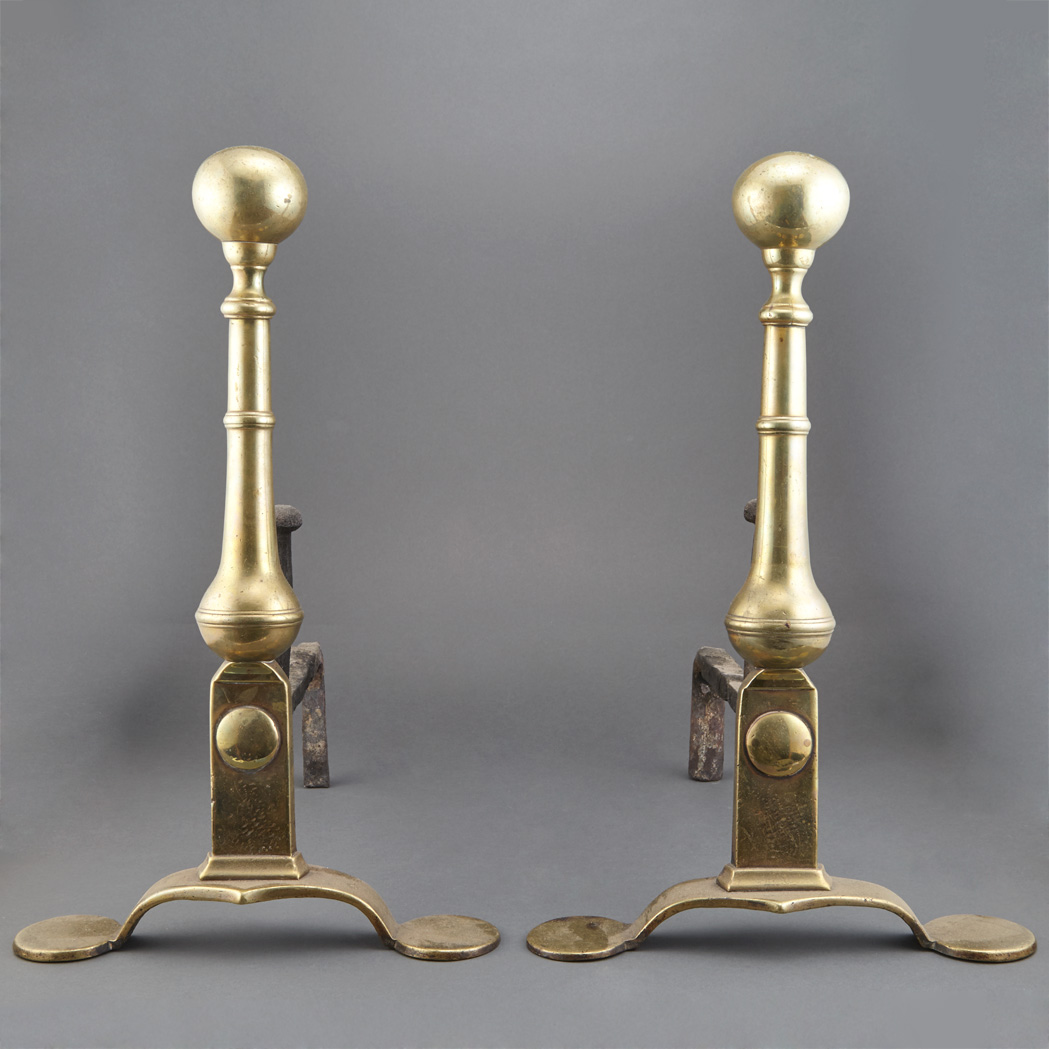 Appraisal: Pair of Queen Anne Brass Andirons th Century Each with