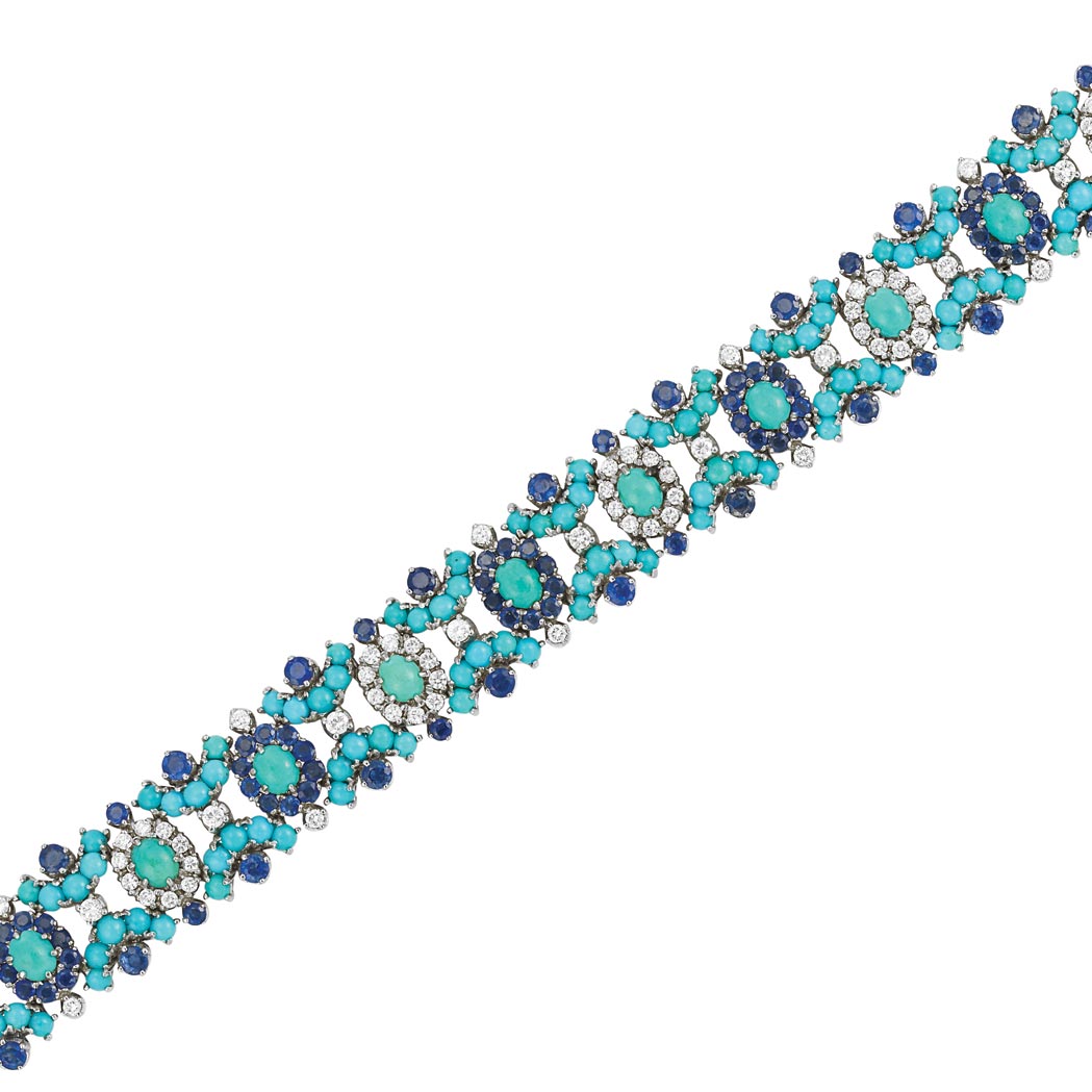 Appraisal: White Gold Turquoise Sapphire and Diamond Bracelet kt the openwork