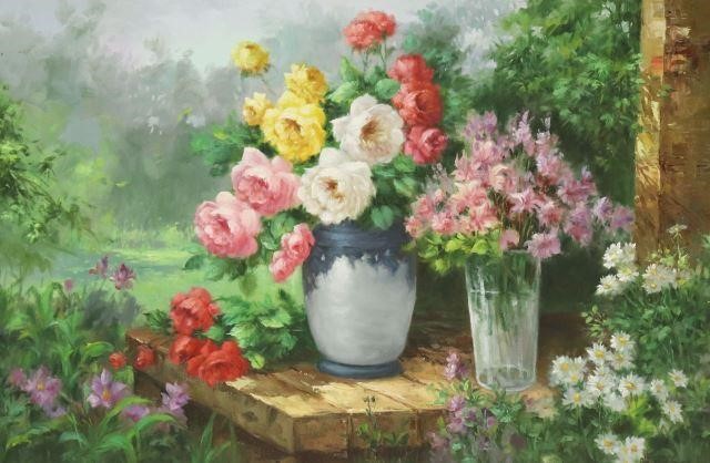 Appraisal: Framed oil on canvas painting Vase of Flowers in a