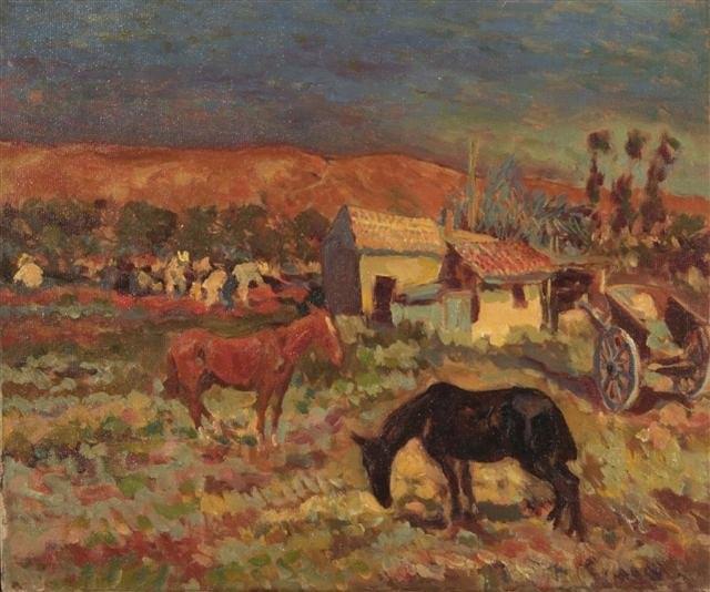 Appraisal: MARIAN KRATOCHWIL Polish - Men working and two horses grazing