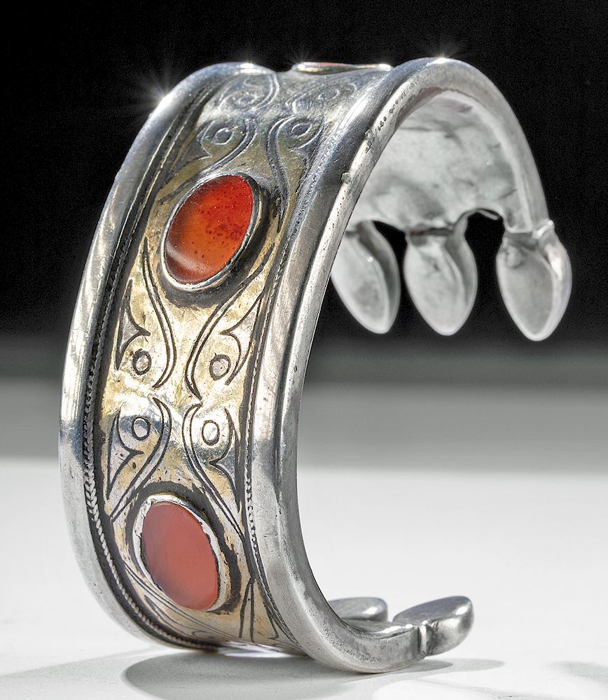 Appraisal: Antique Turkoman Silver Bracelet w Carnelian g Central Asia Afghanistan