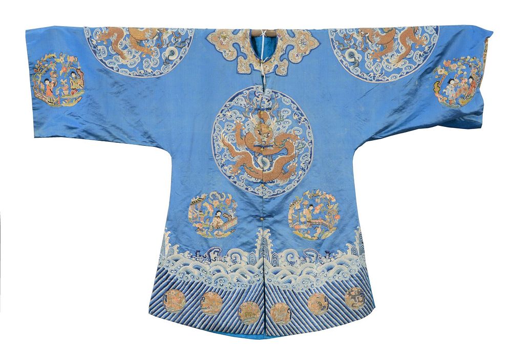 Appraisal: Chinese Silk Embroidered Dragon Kimono Robe blue silk having four