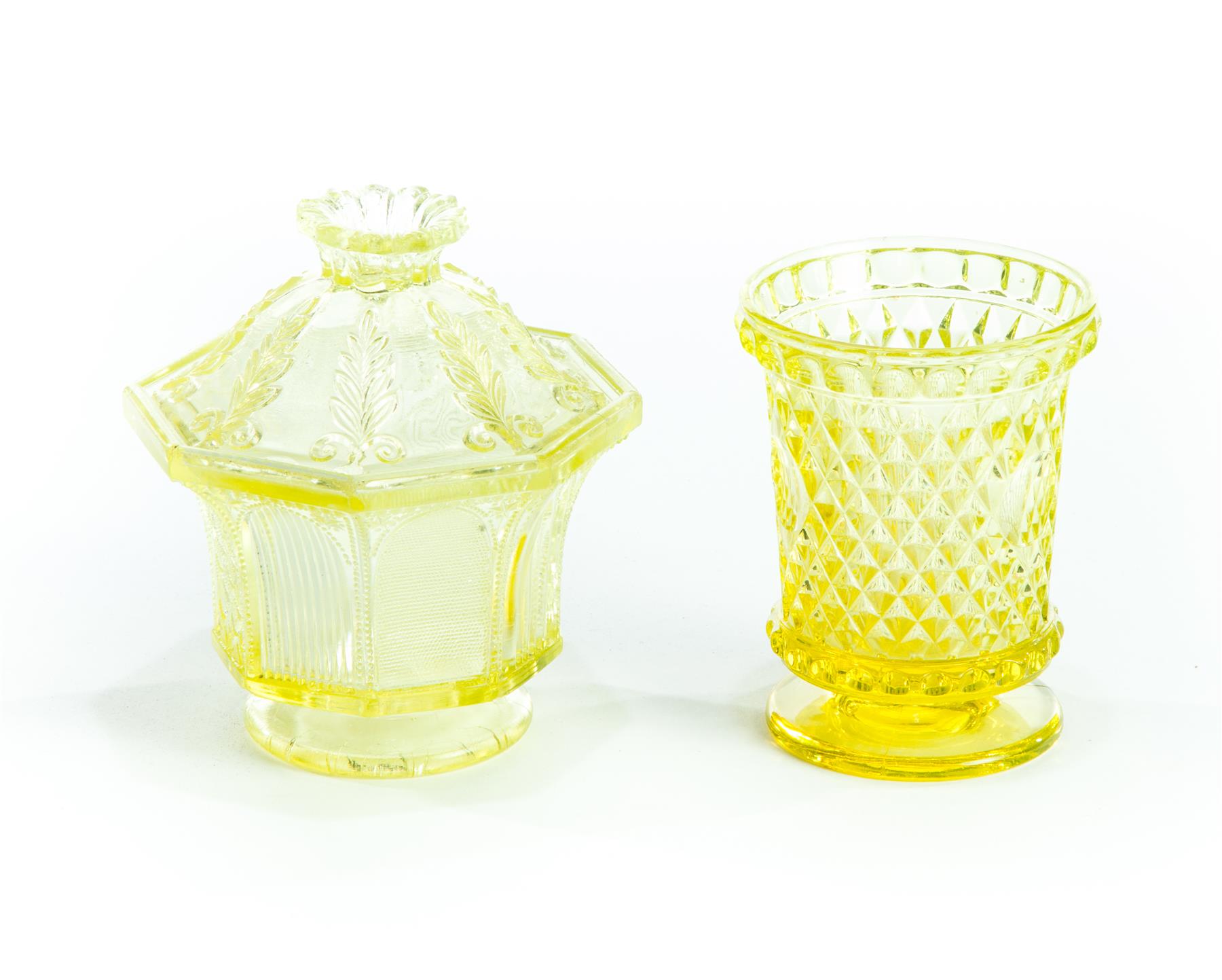 Appraisal: TWO PIECES OF PRESSED FLINT CANARY GLASS American mid th