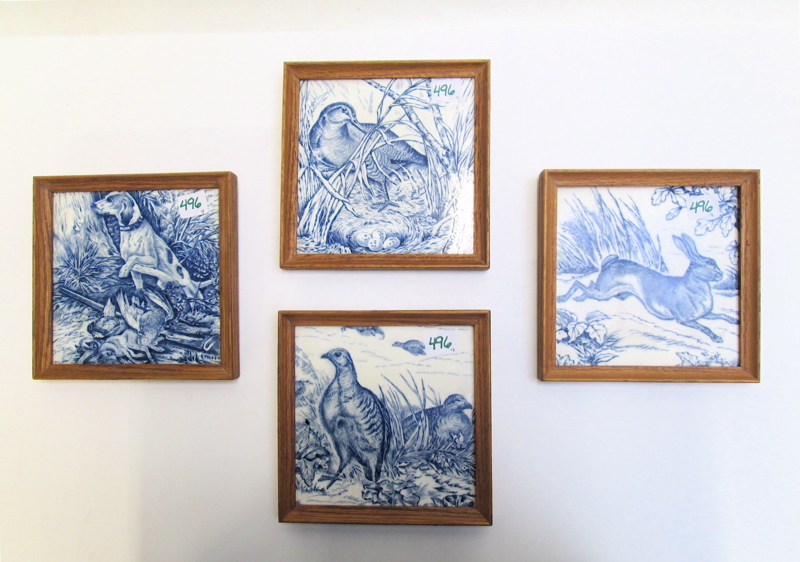 Appraisal: FOUR FRAMED JOSIAH WEDGWOOD TILES of various wildlife and hunting