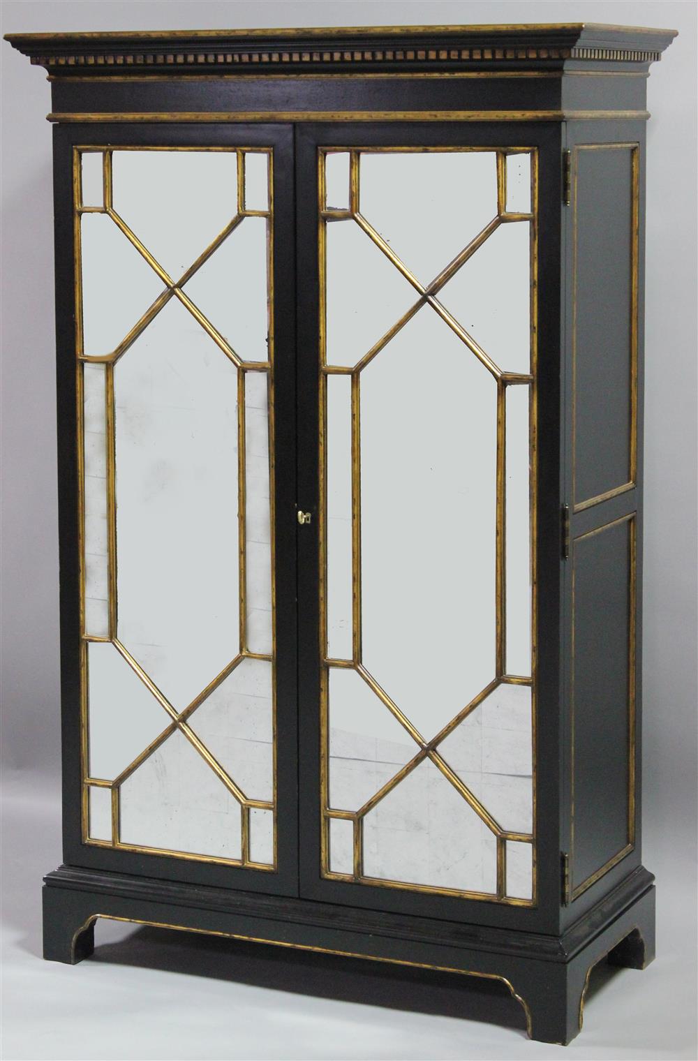 Appraisal: LILLIAN AUGUST BLACK AND GOLD CABINET WITH MIRRORED DOORS flat