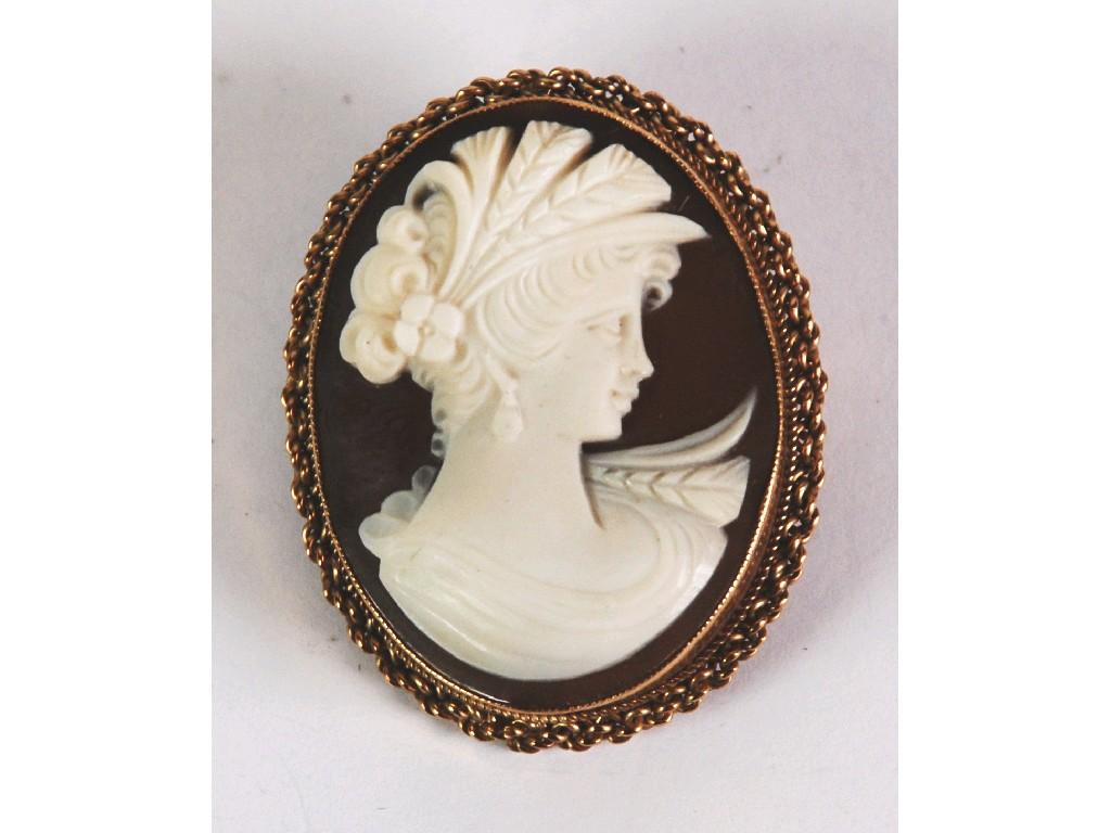 Appraisal: CT GOLD FRAMED OVAL SHELL CAMEO BROOCH depicting head of