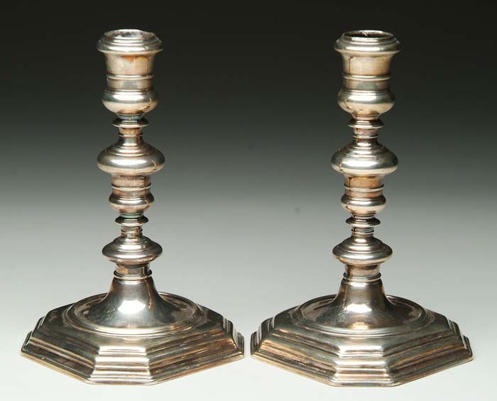 Appraisal: PAIR OF QUEEN ANNE SILVER TABLE CANDLESTICKS William Lukin London