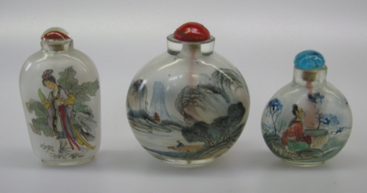 Appraisal: Interesting Collection of Three Chinese Reverse-Painted Glass Snuff Bottles in