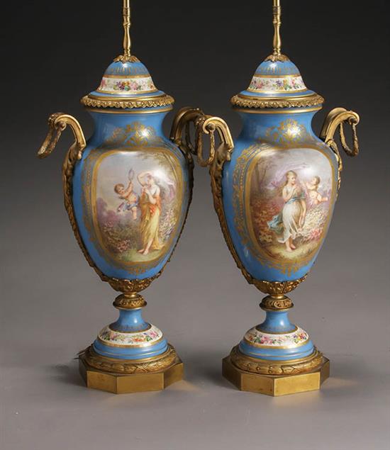 Appraisal: Pair of S vres-Type Ormolu Mounted Covered Urns Circa Each