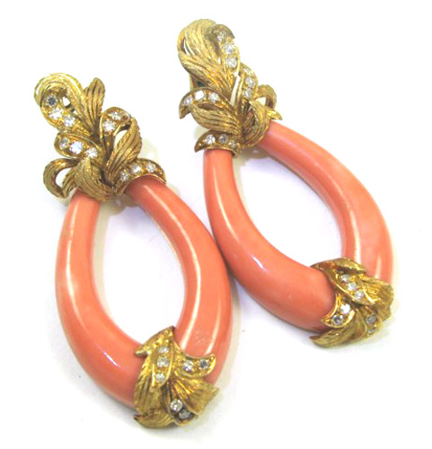 Appraisal: PAIR OF CORAL AND DIAMOND EARRINGS each measuring - inches