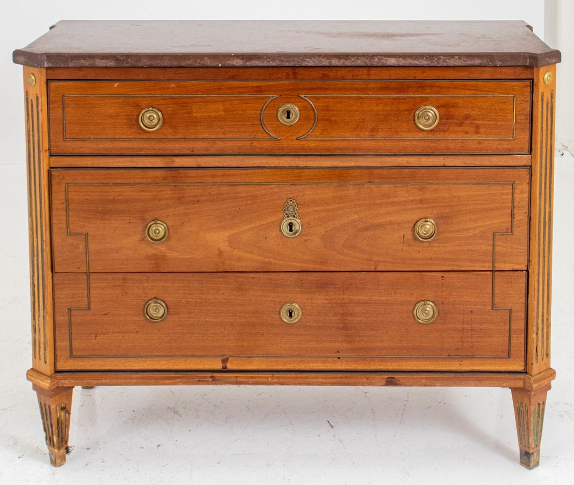 Appraisal: BALTIC NEOCLASSICAL BRASS MAHOGANY COMMODE Baltic neoclassical brass-mounted mahogany three-drawer